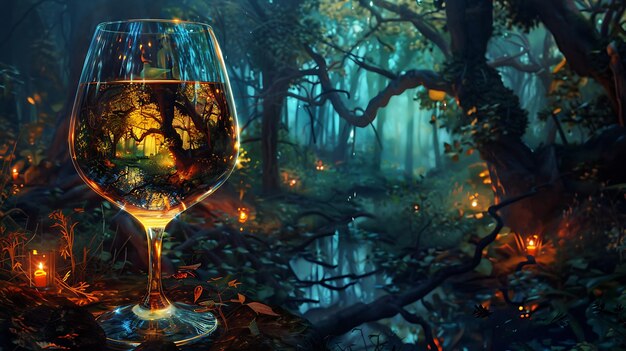 Foto foresta fantastica in un bicchiere di vino