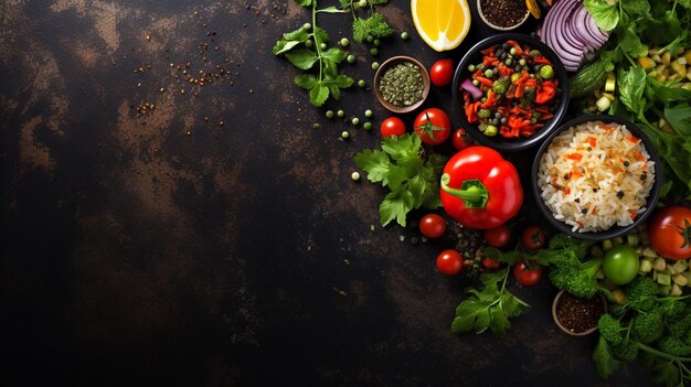 Fantastic Fresh Salad with Rice and Vegetable on Dark Background