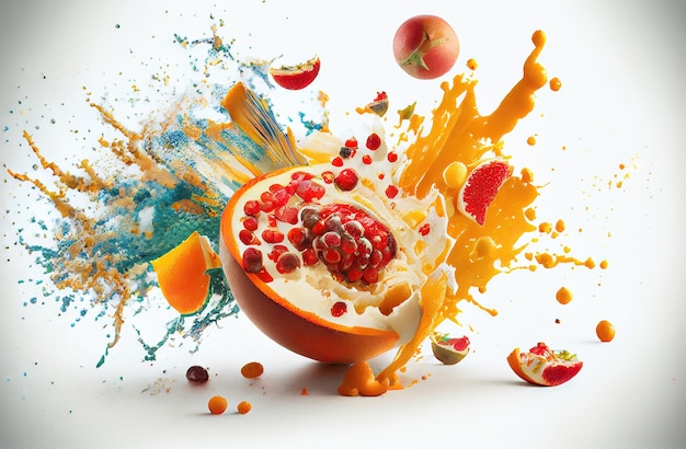 Photo fantastic fruits mixed fruit falling and exploding in  juices splashing made with generative ai