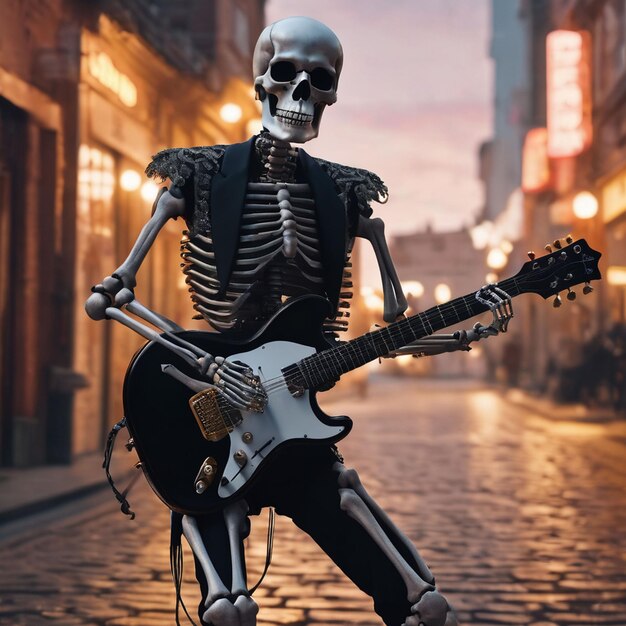 Fantastic gitarist skelet met griezelig gitaar generatieve ai