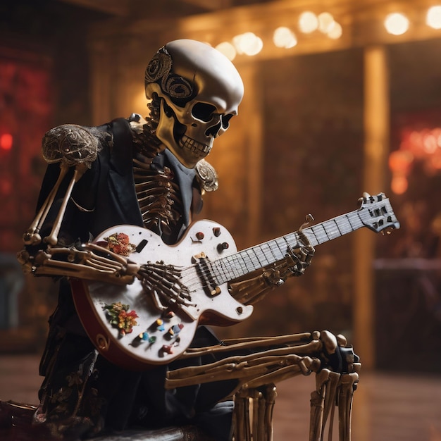 Fantastic gitarist skelet met griezelig gitaar generatieve ai