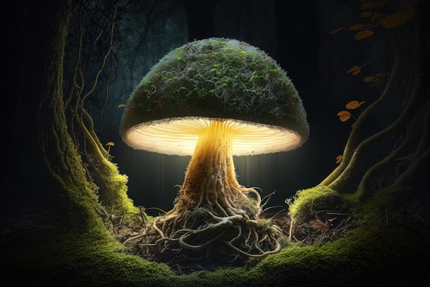 Foto un fantastico fungo luminoso in una foresta misteriosa