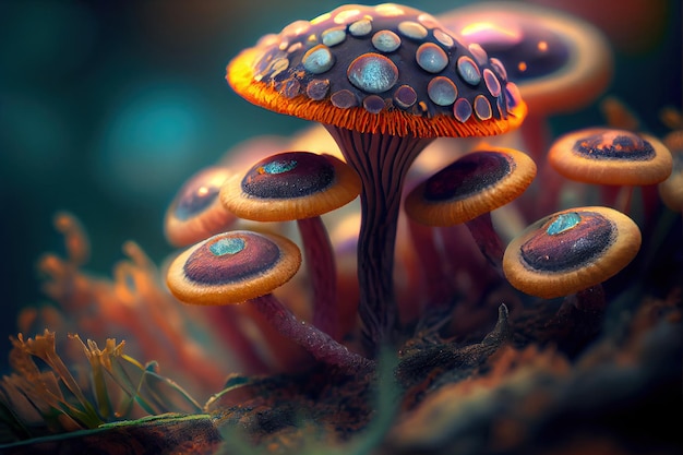 Photo fantastic glowing mushrooms neon fungus magic psychedelic mushroom generative ai illustration