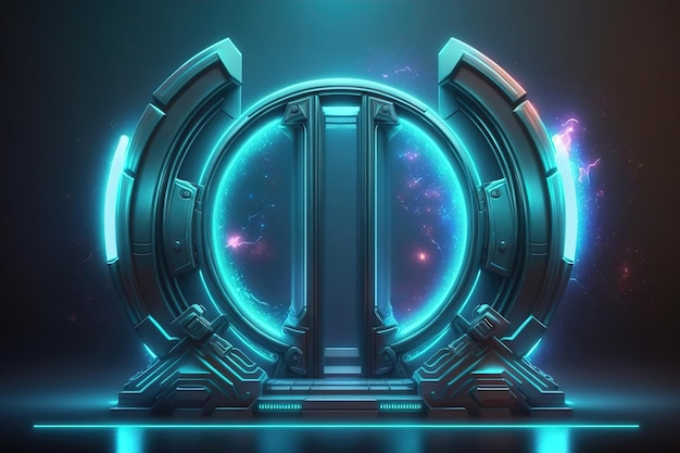 Fantastic hightech portal with neon illumination on a spaceship Teleportation of the cyberpunk world