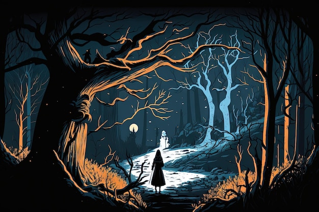 Fantastic illustration for a ghost and Halloween black magic scene featuring a dark ominous forest plagued by a witchs spell