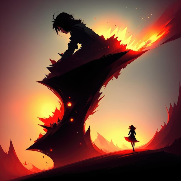 Fantastic illustration Girl fire and mountains