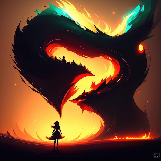 Photo fantastic illustration girl fire and mountains