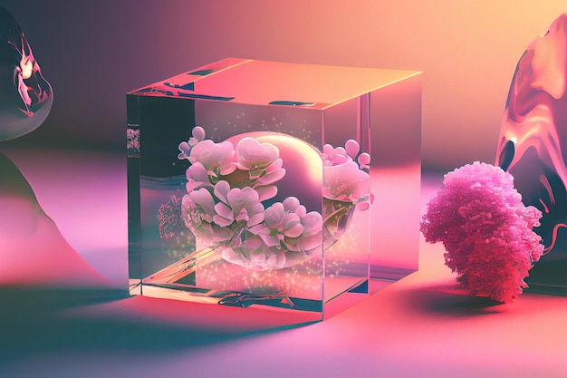 A fantastic image of a glass ball with flowers in a glass cube  with a Generative AI