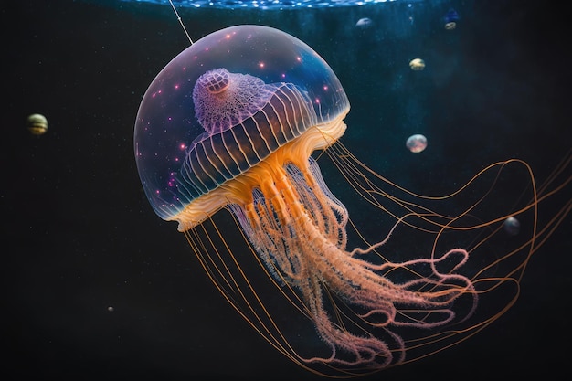 Fantastic jellyfish in space against backdrop of planet hanging on thread