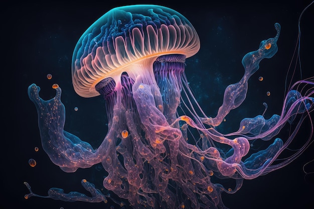 Fantastic jellyfish in space expanding its tentacles to sides