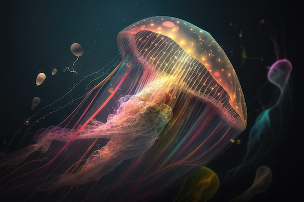 Fantastic jellyfish in space floating among multicolored cosmic rays created with generative ai
