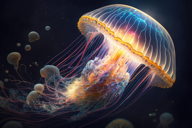 Fantastic jellyfish in space floating among multicolored cosmic rays created with generative ai