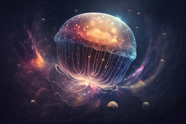Фантастическая медуза в космосе, плавающая среди планет и звезд