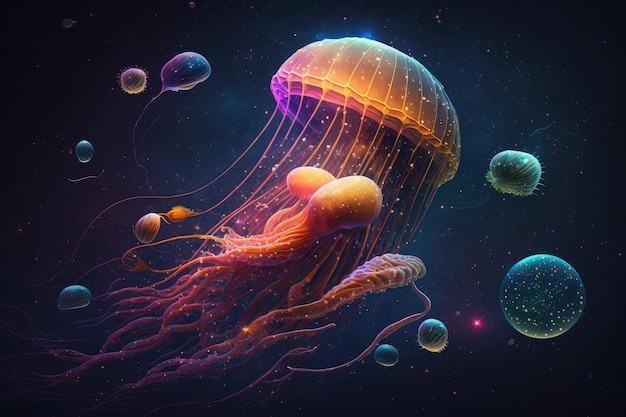 Fantastic jellyfish in space floating among stars and planets created with generative ai