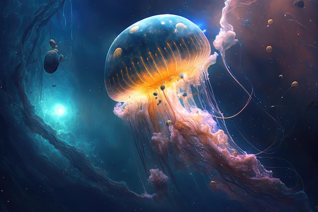 Fantastic jellyfish in space floating underwater over planet