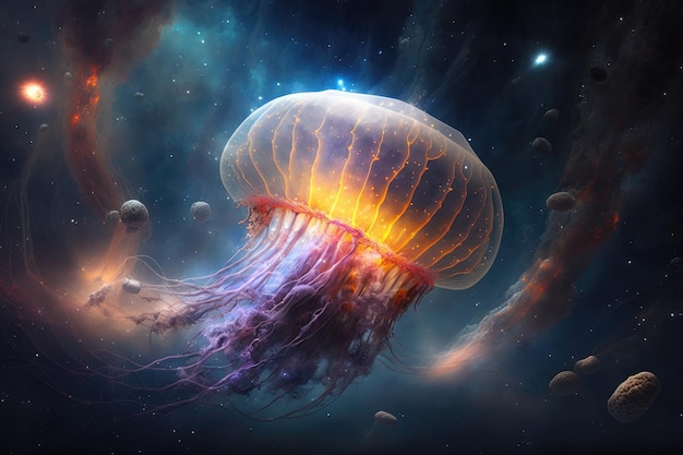 생성 인공 지능으로 만든 은하 성운을 통해 비행하는 우주의 환상적인 해파리