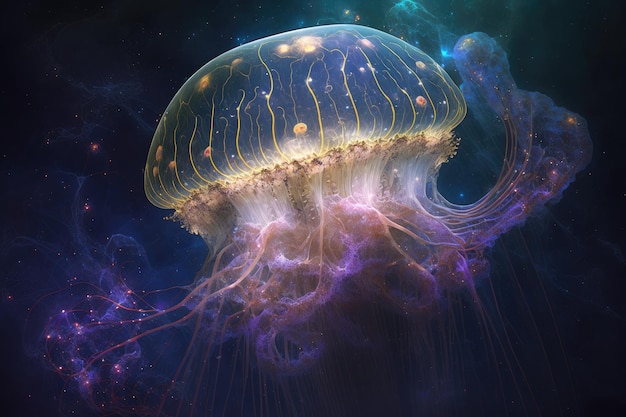 Fantastic jellyfish in space huge cilia floating in cosmos created with generative ai