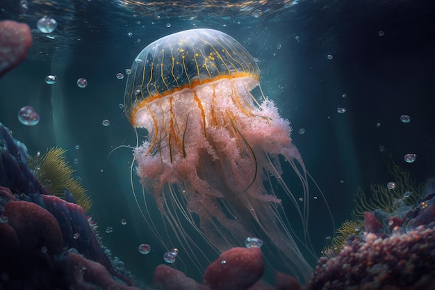 Fantastic jellyfish in space among sea minerals and seaweed