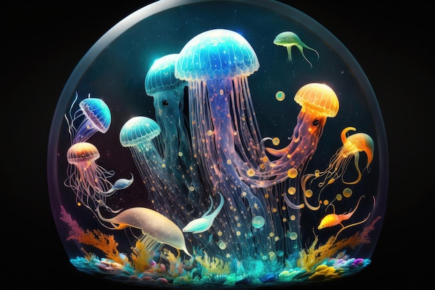 Fantastic jellyfish in space with round shapes on dark background created with generative ai
