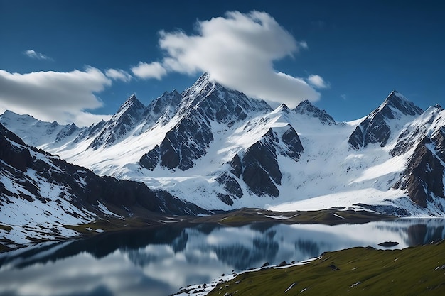 ほとんど雪を頂いた山々の幻想的な風景