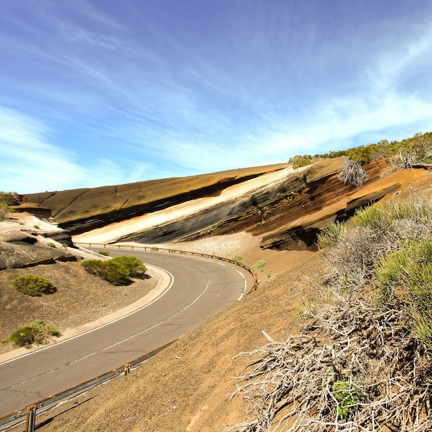 Fantastic landscape Canary Islands Tenerife road, desert and sky