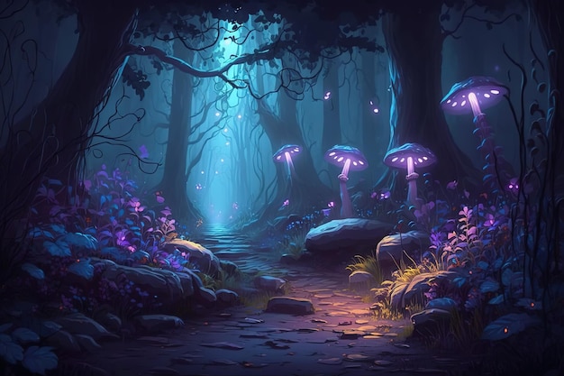 A fantastic landscape a clearing in a magical forest at night with a path into the forestGenerative AI