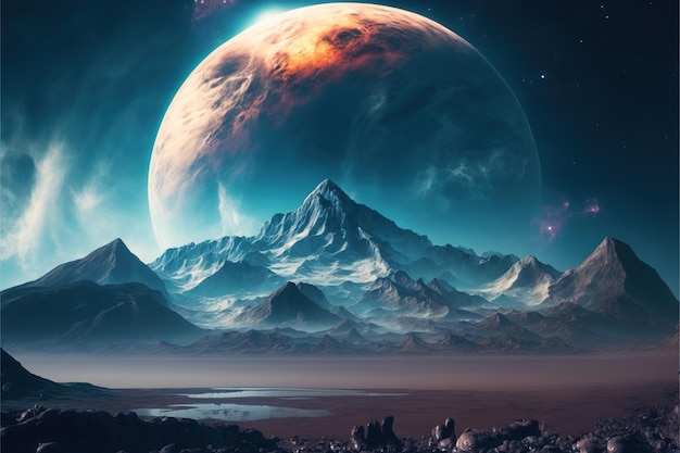 Fantastic landscape of a distant planet with a mountain in high resolution stylish desktop wallpaper mountain view surface structure research intergalactic travel dominance of cold shades AI