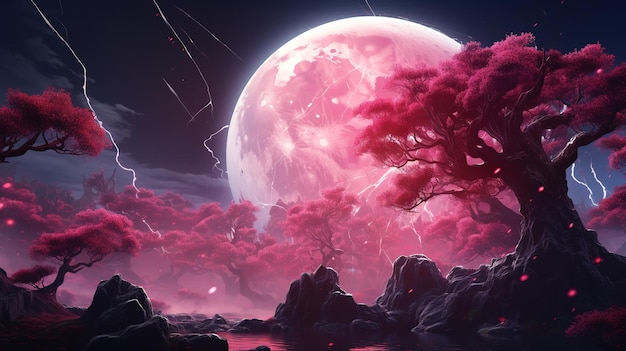 Fantastic landscape pink neon moon sakura branches space background with tree in Japanese style