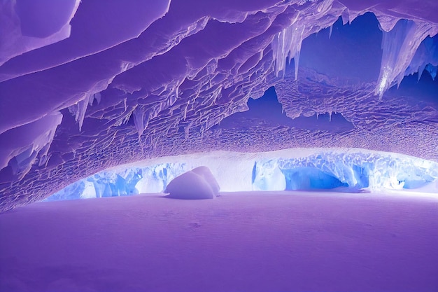 Fantastic landscape purple ice cave in snow