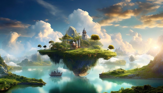 A fantastic landscape of surreal islands floating above the water