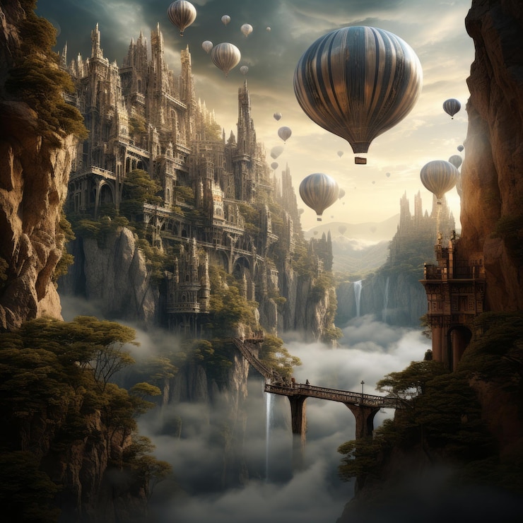 Photo fantastic landscape with a castle on a rock and hot air balloons floating in the sky the castle is made of stone and has many towers and spiers