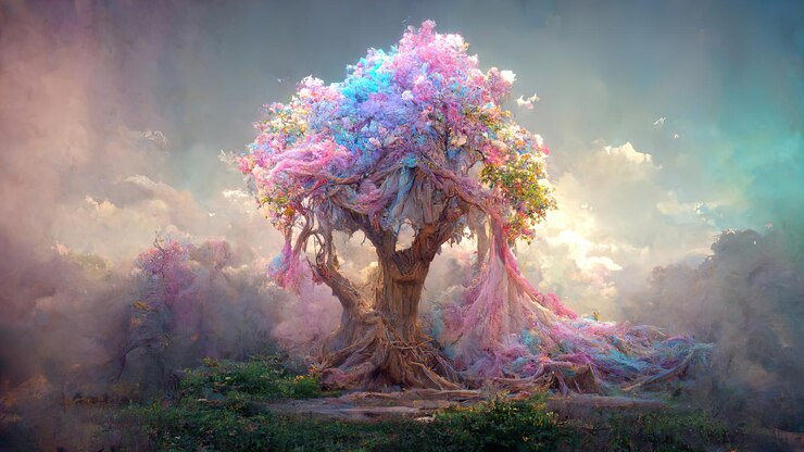 Photo fantastic landscape with a fantasy tree of desires in pinkblue colors
