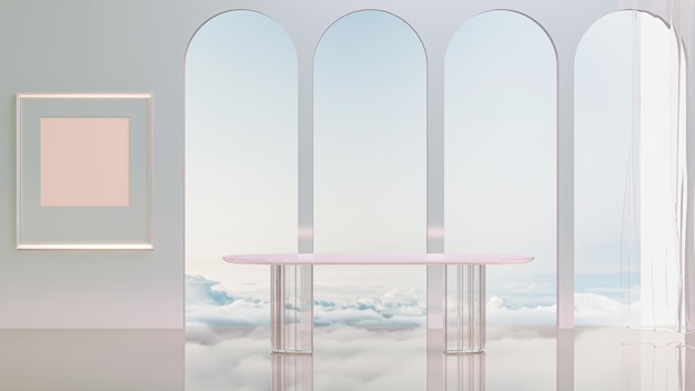 Fantastic landscape with glass wall table dinner and pastel gradient sky picture frame