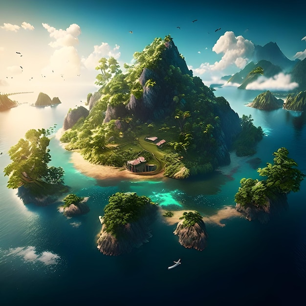 Fantastic Landscape With An Island AI Generative