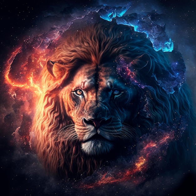 照片很棒的狮子在星空数码艺术的背景