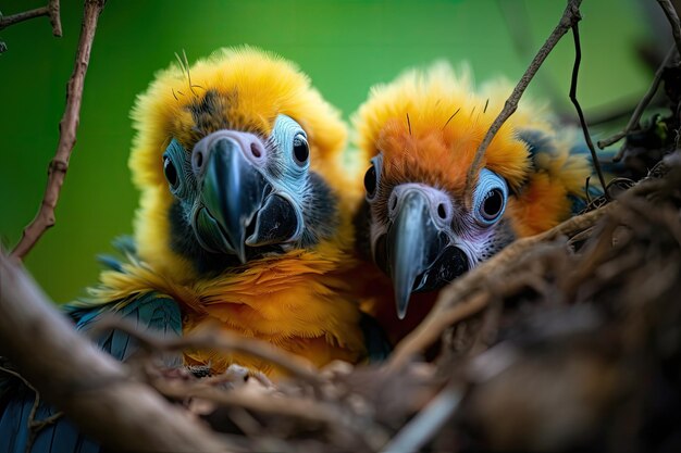 巣の中の素晴らしいコンゴウインコの雛