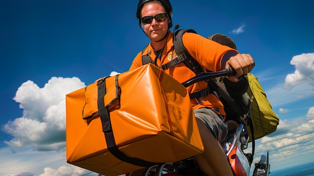 Foto posta fantastica corriere volante con una borsa a reazione