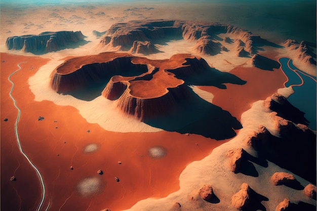 Фантастический марсианский пейзаж с высоты птичьего полета