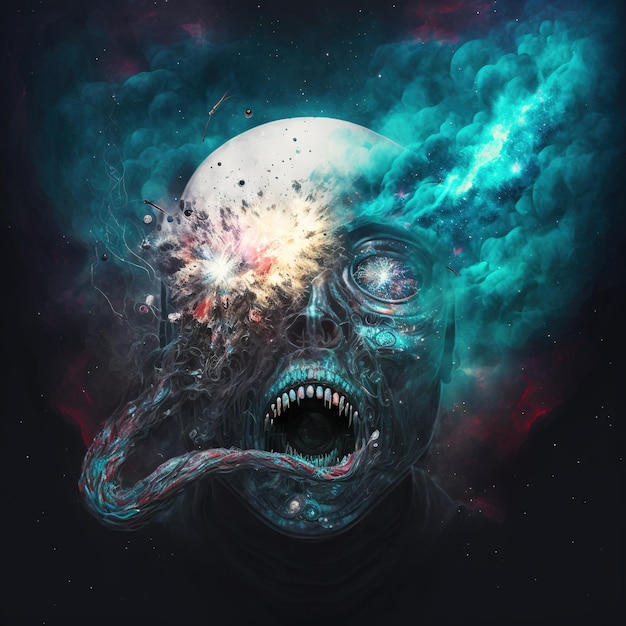 Fantastic monster space and time eater Monster with open mouth evil face on the background of space 3D rendering Generative AI