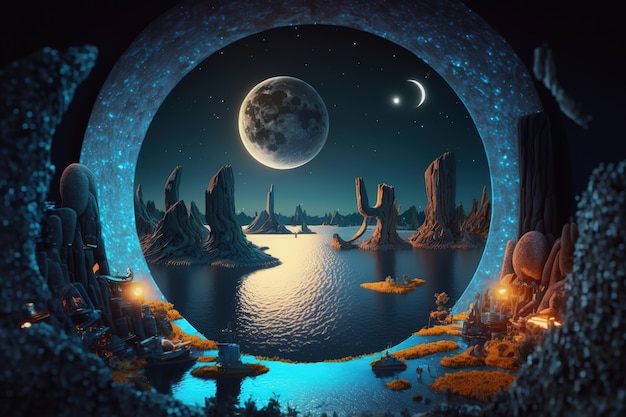 Фантастическая лунаКрасивая волшебная фантастическая иллюстрация Таинственная магия AI