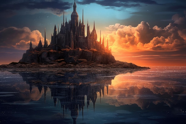 Fantastic moonscape In a fantasy world As the sun sets a picturesque island with a historic castle is mirrored in the ocean