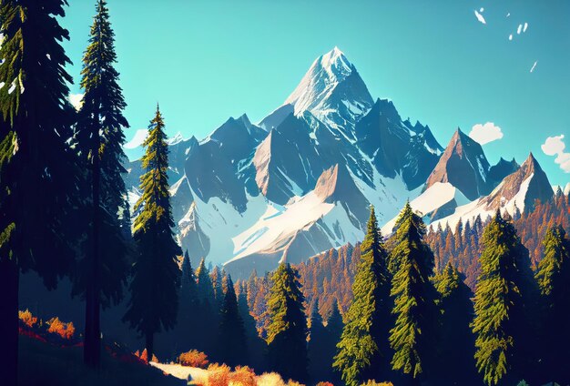 Fantastic mountain peaks with snow on top Picturesque landscape with Alps Generative Ai Art Forest with evergreen trees