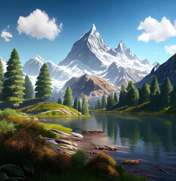 Fantastic mountain peaks with snow on top Picturesque landscape with Alps Generative Ai Art