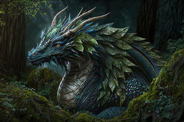 Fantastic mystical forest dragon with round head and paws created with generative ai