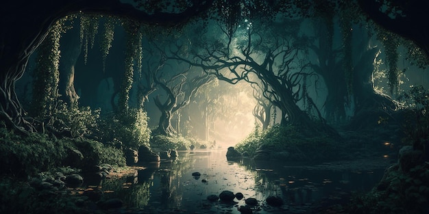 A fantastic mystical landscape of the elven gorge Grim mountains trees and a stream A magical place in the middle of the forest illuminated by magical lanterns fireflies AI generated