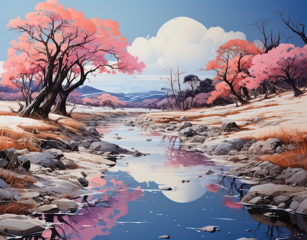 Fantastic nature drawing pink tones bright colors landscape drawing