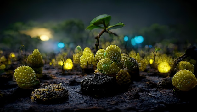 Фантастические неоновые светящиеся кусты на земле в ночном сумраке