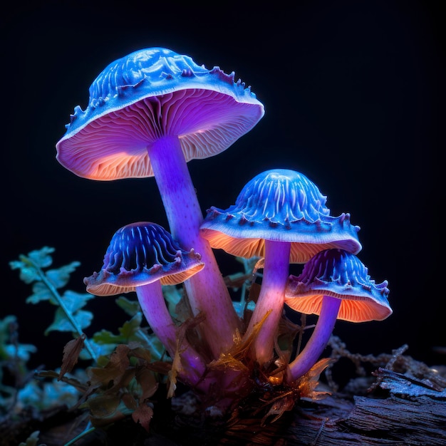 Fantastic neon glowing in dark mushrooms