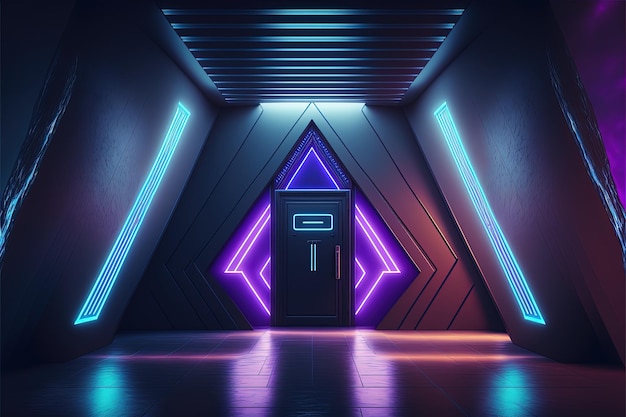 Фантастический неоновый туннель коридор космического корабля Погружение в виртуальную реальность искусственный интеллект Темный абстрактный фон с разноцветным свечением 3D рендеринг AI генерируется