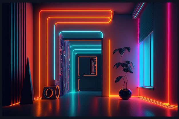 Fantastic neon tunnel virtual art gallery concept Immersion in virtual reality kunstmatige intelligentie Donkere abstracte achtergrond met veelkleurige gloed 3D-rendering AI gegenereerd